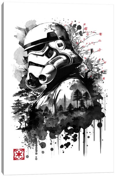 Trooper In The Forest Sumi-E Canvas Art Print - Black & White Pop Culture Art