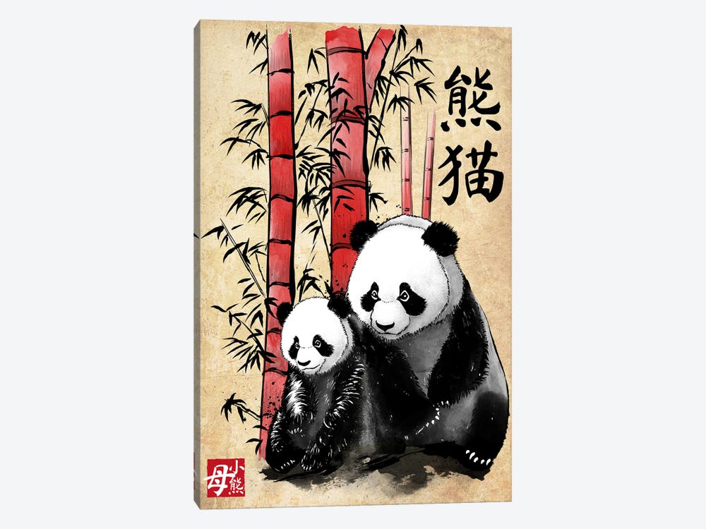 Panda And Cub Sumi-E by Antonio Camarena 1-piece Canvas Print
