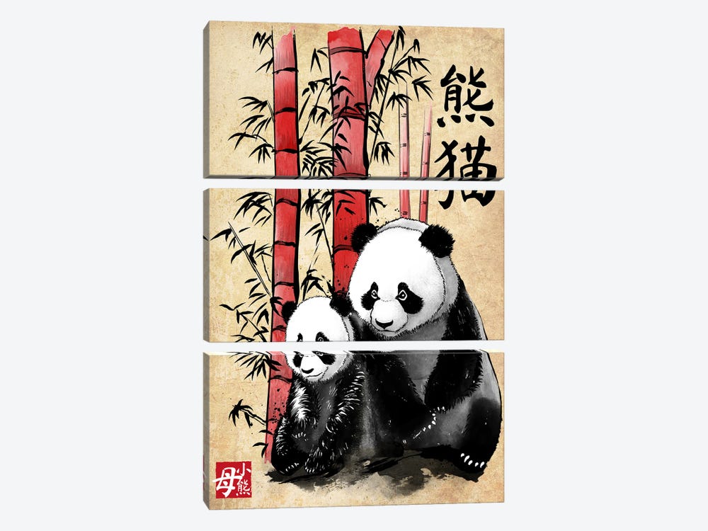 Panda And Cub Sumi-E by Antonio Camarena 3-piece Canvas Art Print