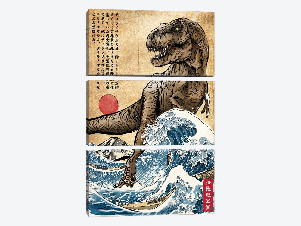 T- Rex In Japan Woodblock by Antonio Camarena 3-piece Canvas Wall Art