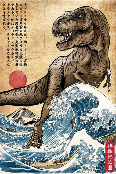 Prehistoric Animals: T- Rex In Japan Woodblock by Antonio Camarena