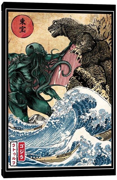 King Of The Monsters Vs Great Old One Canvas Art Print - The Great Wave Reimagined