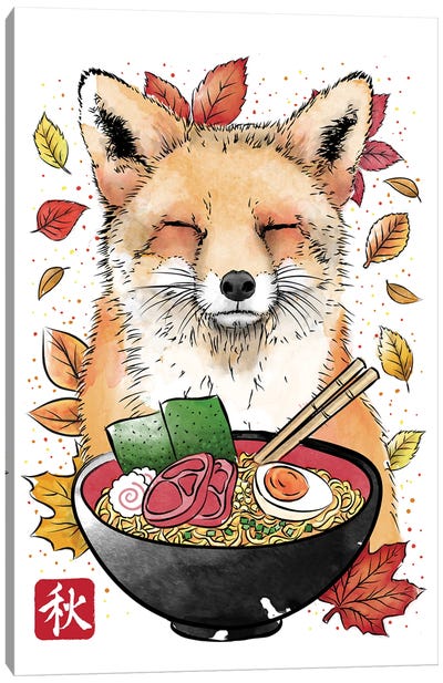 Fox, Leaves And Ramen Canvas Art Print - Egg Art