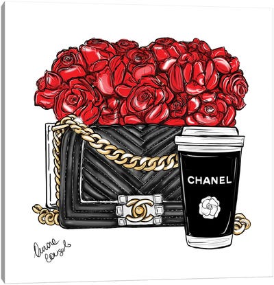 Chanel And Roses Canvas Art Print - Bag & Purse Art
