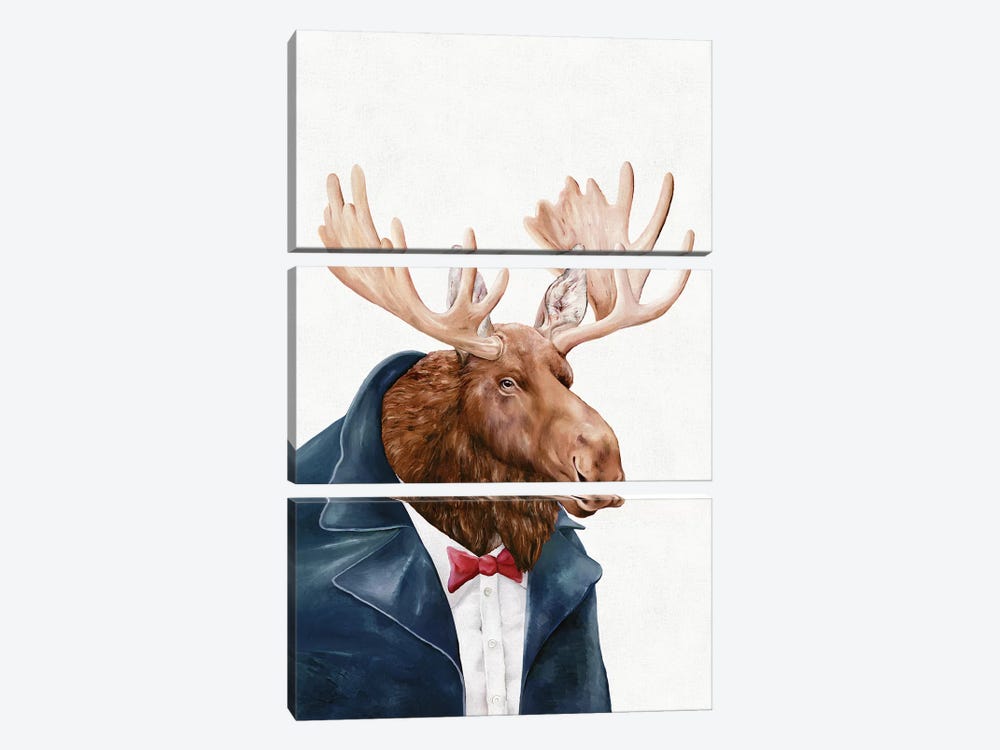 Moose In Navy Blue by Animal Crew 3-piece Canvas Art Print