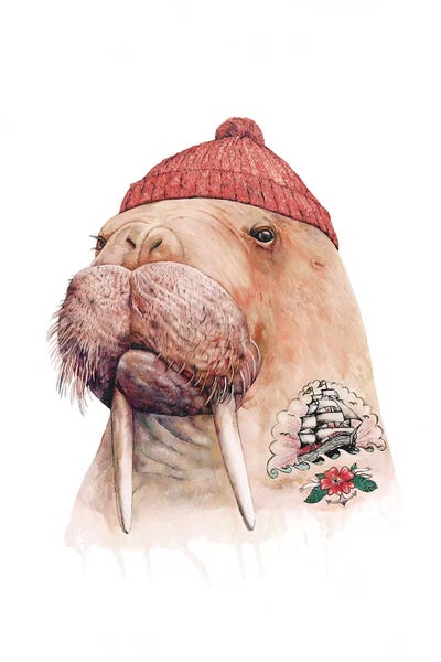 Tattooed Walrus Red by Animal Crew framed canvas print