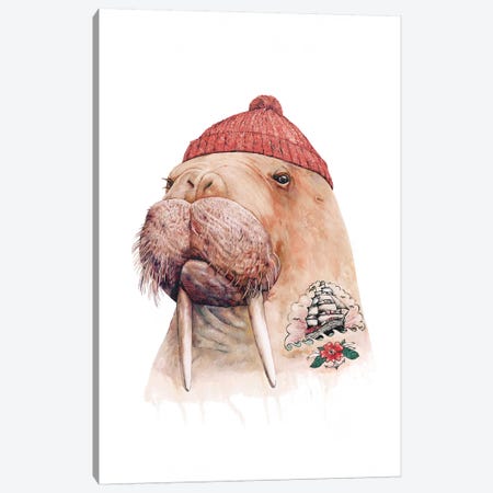 Tattooed Walrus Red Canvas Print #ACR52} by Animal Crew Canvas Art
