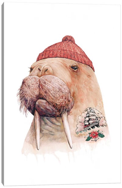 Tattooed Walrus Red Canvas Art Print - Walruses