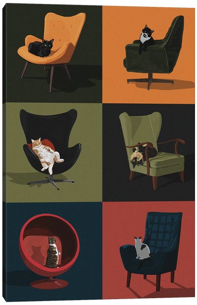 Cats In Chairs Canvas Art Print - Artcatillustrated