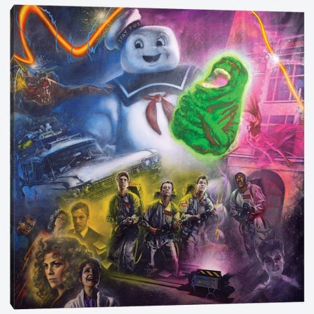 Ghostbusters, Slimer, Stay Puft Marshmallow Man And Ecto-1 Canvas Print #ACY23} by Michael Andrew Law Cheuk Yui Canvas Art