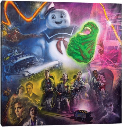 Ghostbusters, Slimer, Stay Puft Marshmallow Man And Ecto-1 Canvas Art Print - Fantasy Movie Art