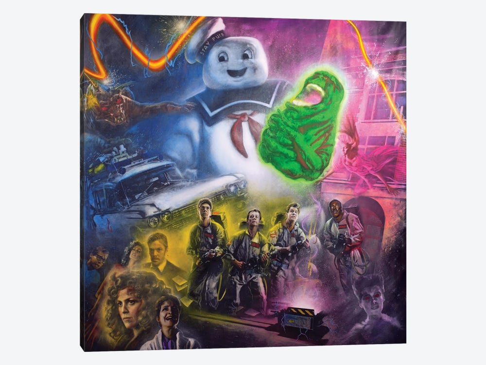 Ghostbusters, Slimer, Stay Puft Marshmallow Man And Ecto-1 by Michael Andrew Law Cheuk Yui 1-piece Canvas Artwork