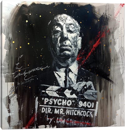 Alfred Hitchcock With His Psycho Clapboard Canvas Art Print - Michael Andrew Law Cheuk Yui