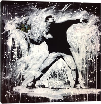 Banksy Love Is In The Air Flower Thrower In Black And White Canvas Art Print - Art Enthusiast