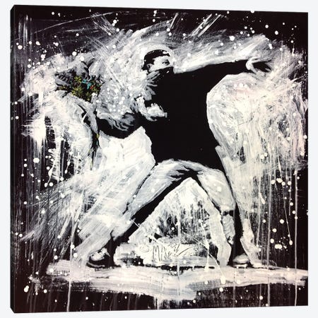 Banksy Love Is In The Air Flower Thrower In Black And White Canvas Print #ACY56} by Michael Andrew Law Cheuk Yui Canvas Wall Art