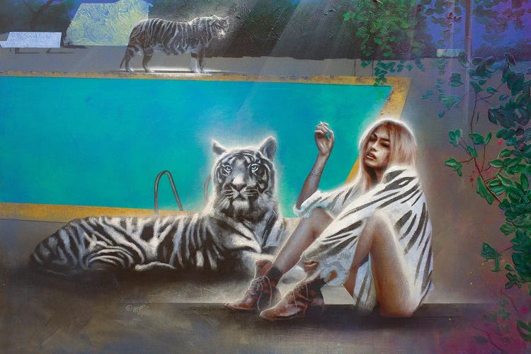 White Tiger And A Girl With White Tiger Fur Blanket