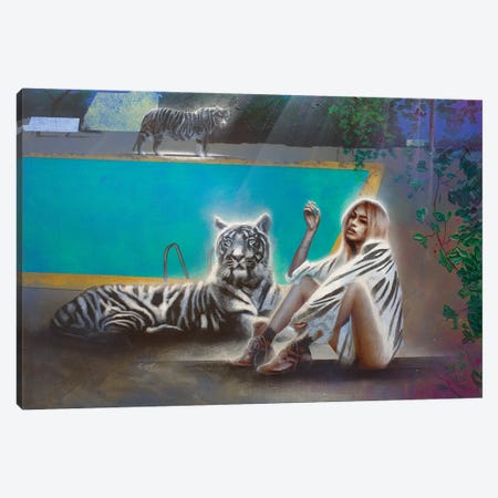 White Tiger And A Girl With White Tiger Fur Blanket Canvas Print #ACY71} by Michael Andrew Law Cheuk Yui Art Print