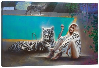 White Tiger And A Girl With White Tiger Fur Blanket Canvas Art Print - Michael Andrew Law Cheuk Yui