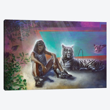 White Tiger And A Girl With White Tiger Next To A Pool I Canvas Print #ACY73} by Michael Andrew Law Cheuk Yui Canvas Art Print
