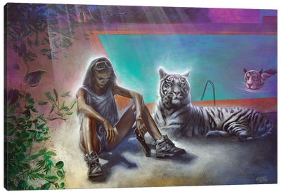 White Tiger And A Girl With White Tiger Next To A Pool I Canvas Art Print - Michael Andrew Law Cheuk Yui