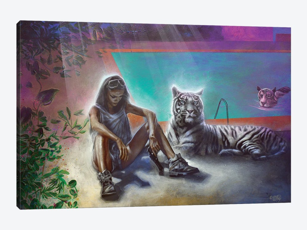 White Tiger And A Girl With White Tiger Next To A Pool I by Michael Andrew Law Cheuk Yui 1-piece Canvas Art Print