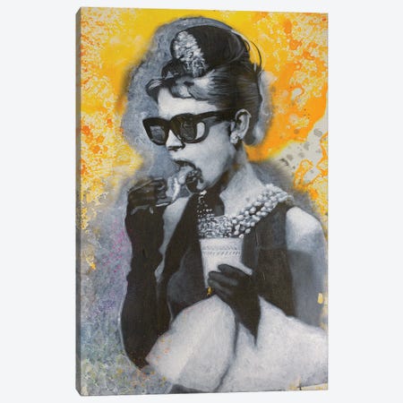 Audrey Hepburn Breakfast At Tiffany's Window Eating Pastry In Yellow Canvas Print #ACY7} by Michael Andrew Law Cheuk Yui Canvas Art