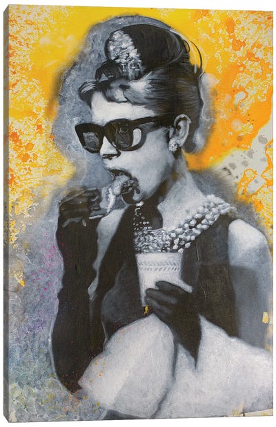Audrey Hepburn Breakfast At Tiffany's Window Eating Pastry In Yellow Canvas Art Print - Holly Golightly