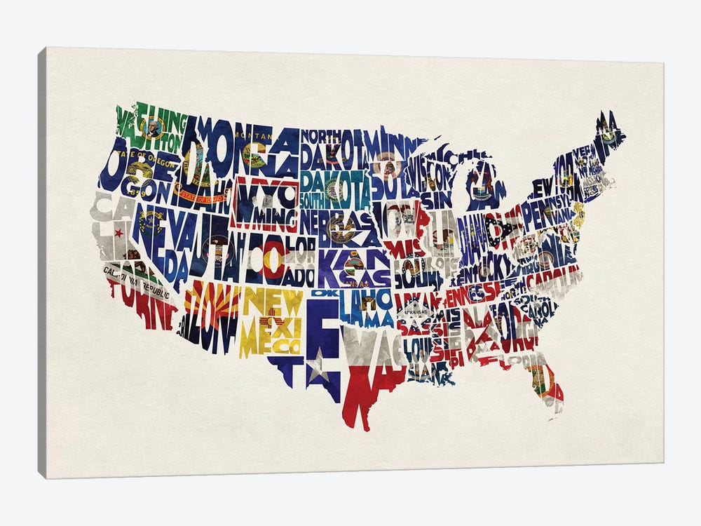 The States With Flags by Ayse Deniz Akerman 1-piece Canvas Art Print