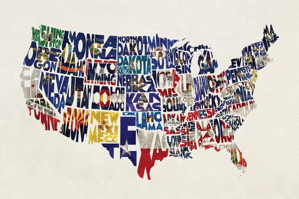 Kids Map Art: The States With Flags by Ayse Deniz Akerman