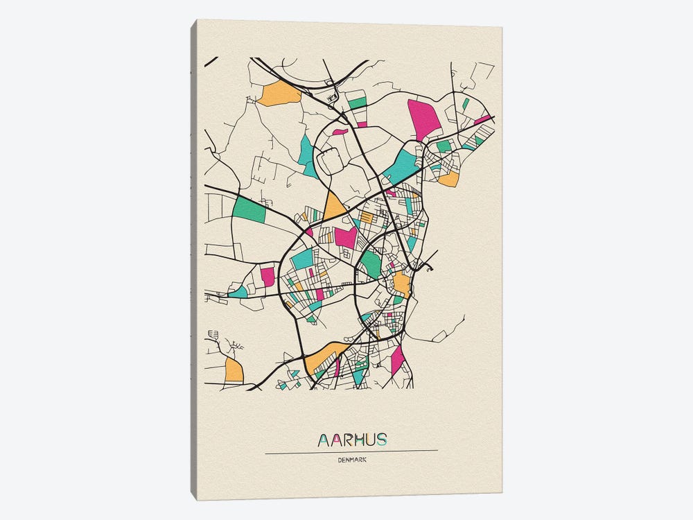 Aarhus, Denmark Map by Ayse Deniz Akerman 1-piece Canvas Artwork
