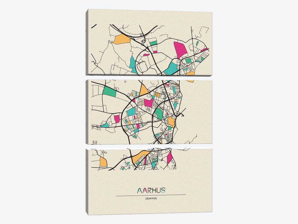 Aarhus, Denmark Map by Ayse Deniz Akerman 3-piece Canvas Art