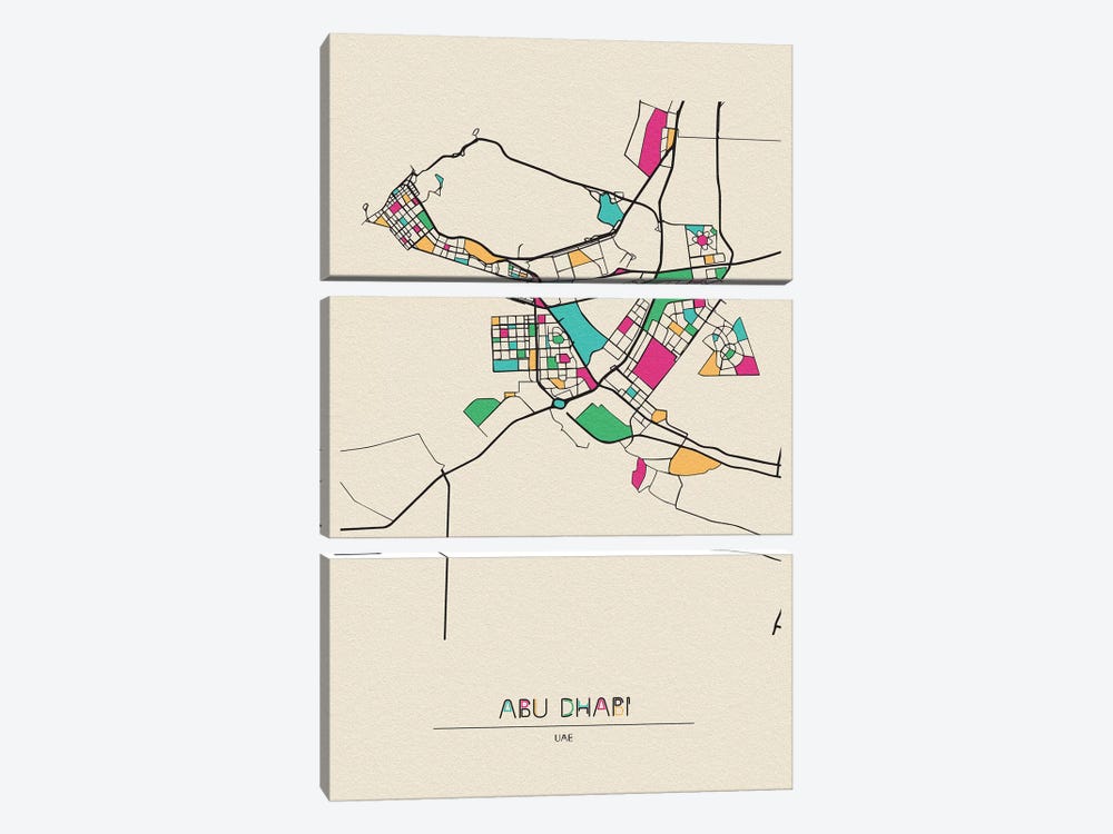 Abu Dhabi, UAE Map by Ayse Deniz Akerman 3-piece Canvas Art Print