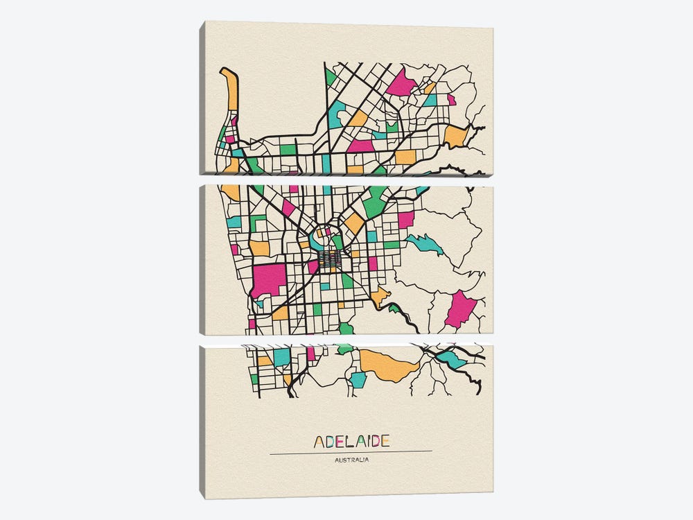 Adelaide, Australia Map by Ayse Deniz Akerman 3-piece Canvas Wall Art