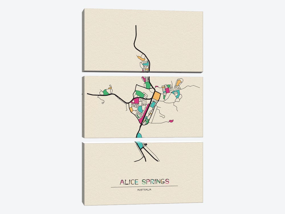 Alice Springs, Australia Map by Ayse Deniz Akerman 3-piece Canvas Artwork