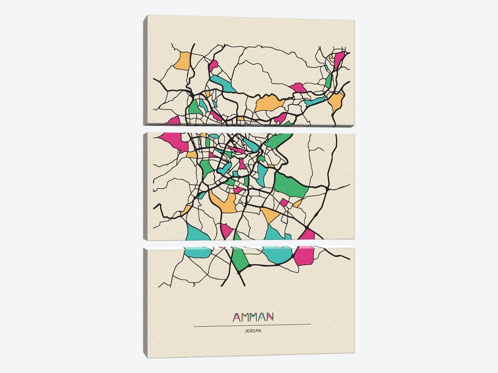 Amman, Jordan Map by Ayse Deniz Akerman 3-piece Canvas Art Print