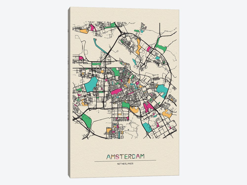 Amsterdam, Netherlands Map by Ayse Deniz Akerman 1-piece Canvas Art
