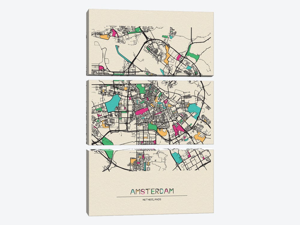 Amsterdam, Netherlands Map by Ayse Deniz Akerman 3-piece Canvas Artwork