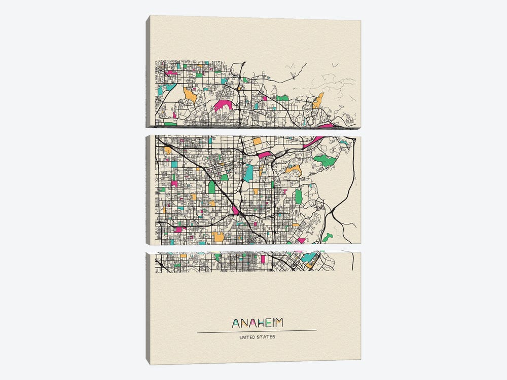 Anaheim, California Map by Ayse Deniz Akerman 3-piece Canvas Art Print