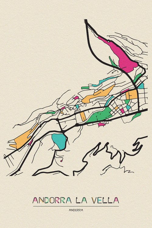 Andorra La Vella, Andorra Map by Ayse Deniz Akerman wall art