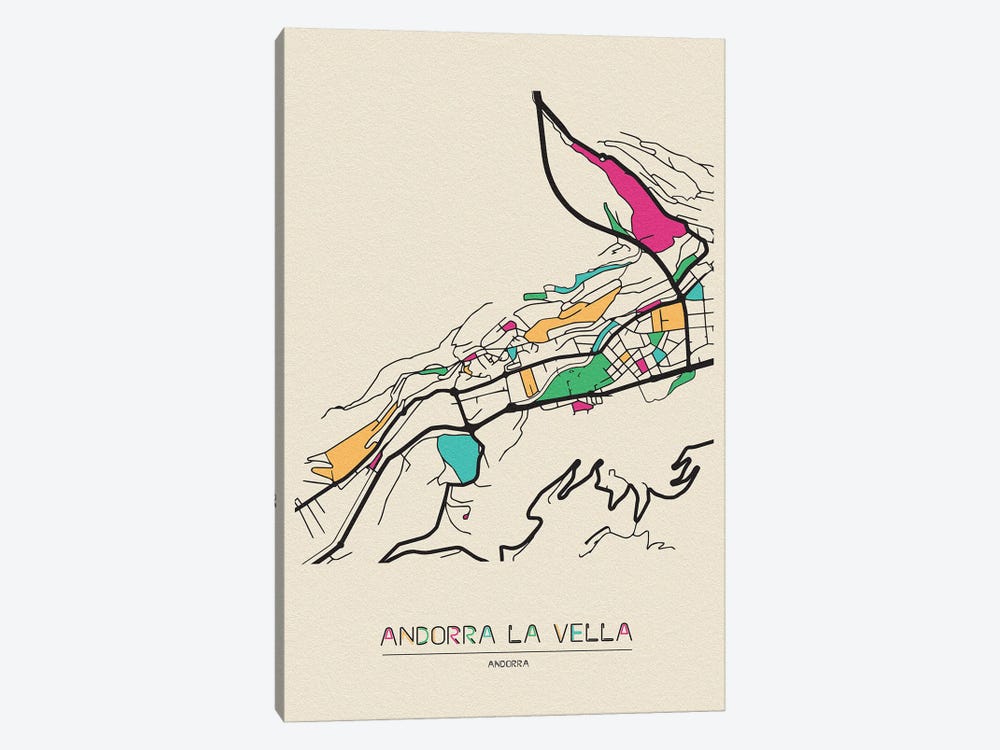 Andorra La Vella, Andorra Map by Ayse Deniz Akerman 1-piece Canvas Art