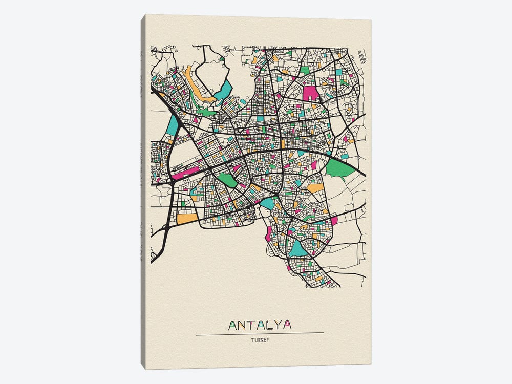 Antalya, Turkey Map by Ayse Deniz Akerman 1-piece Canvas Artwork