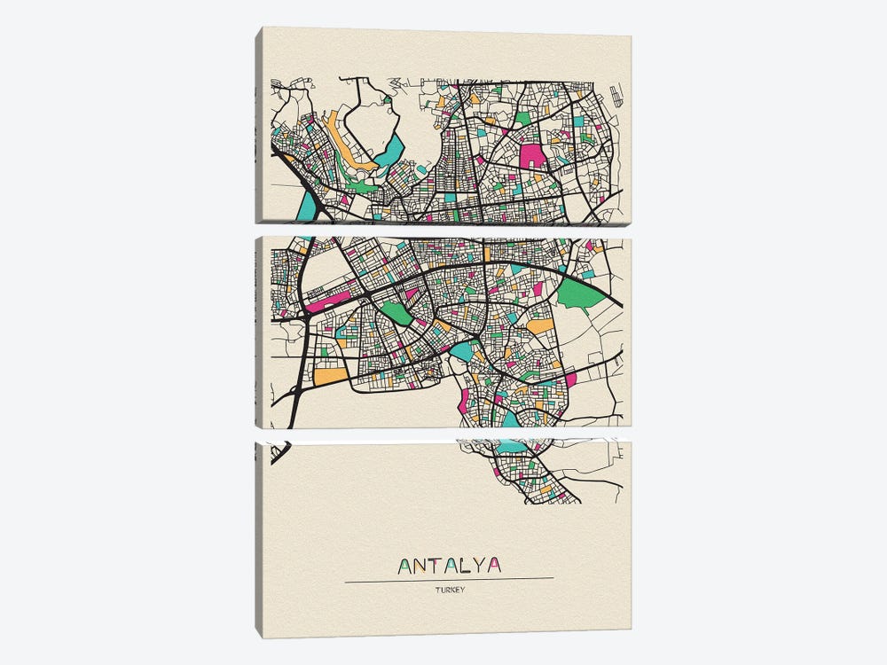 Antalya, Turkey Map by Ayse Deniz Akerman 3-piece Canvas Artwork