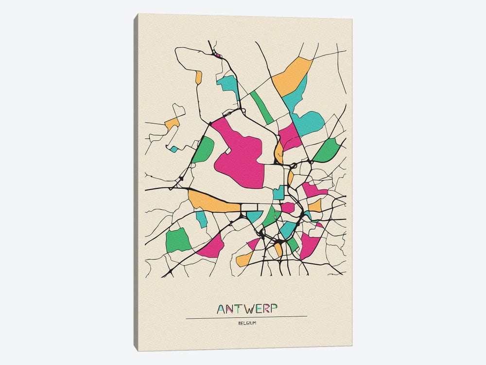 Antwerp, Belgium Map by Ayse Deniz Akerman 1-piece Canvas Print