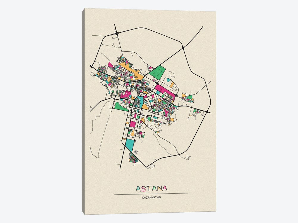Astana, Kazakhstan Map by Ayse Deniz Akerman 1-piece Canvas Art Print