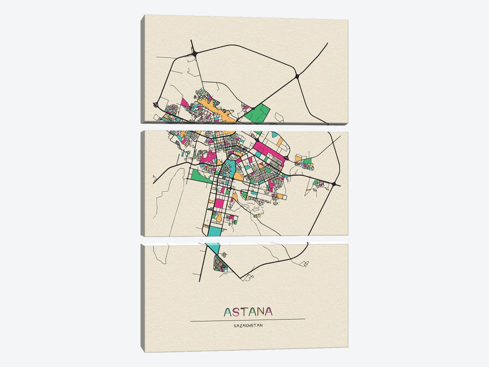 Astana, Kazakhstan Map by Ayse Deniz Akerman 3-piece Canvas Print