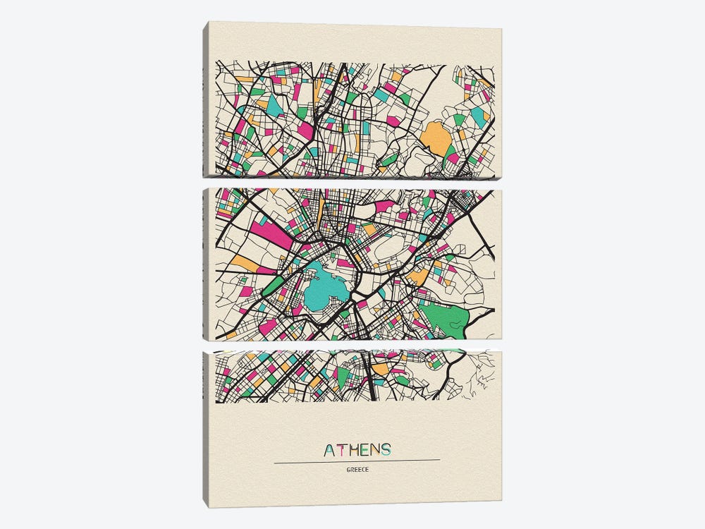Athens, Greece Map by Ayse Deniz Akerman 3-piece Canvas Art