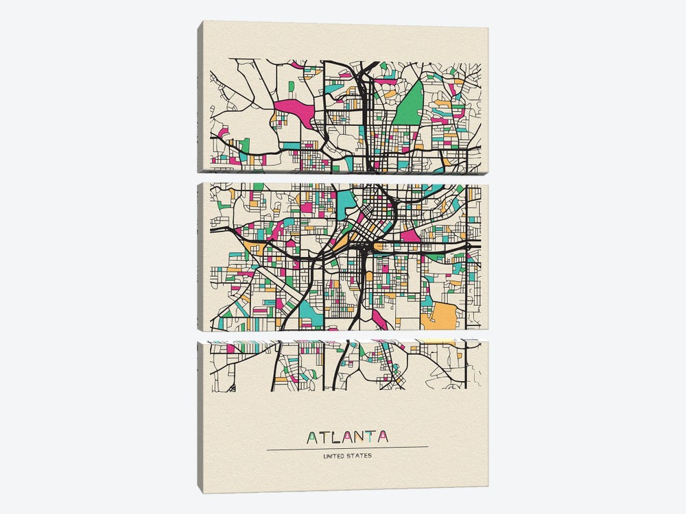Atlanta, Georgia Map by Ayse Deniz Akerman 3-piece Canvas Print