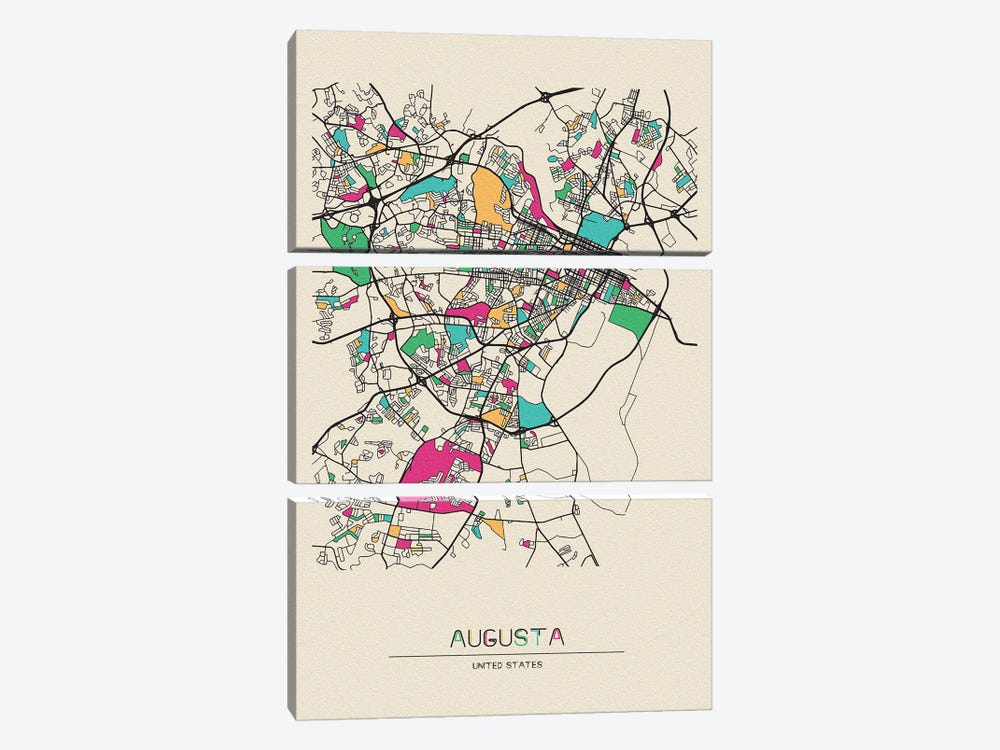 Augusta, Georgia Map by Ayse Deniz Akerman 3-piece Canvas Art