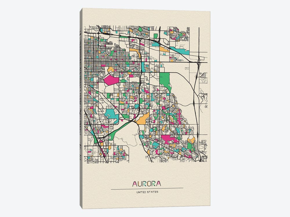 Aurora, Colorado Map by Ayse Deniz Akerman 1-piece Canvas Art Print