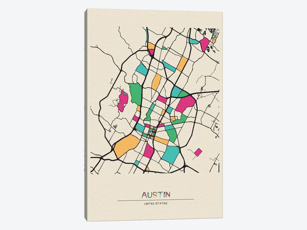Austin, Texas Map by Ayse Deniz Akerman 1-piece Canvas Artwork